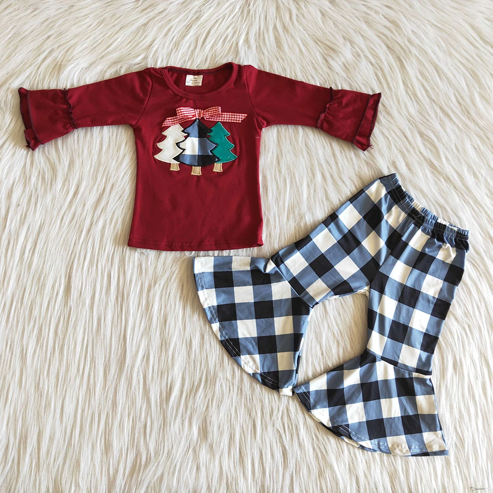 

Z819-04 High Quality Kids Fall Winter Clothes Christmas Girl Warm Long Sleeve Outfit Wine Red Top And Plaid Bell Pants 2 Pcs