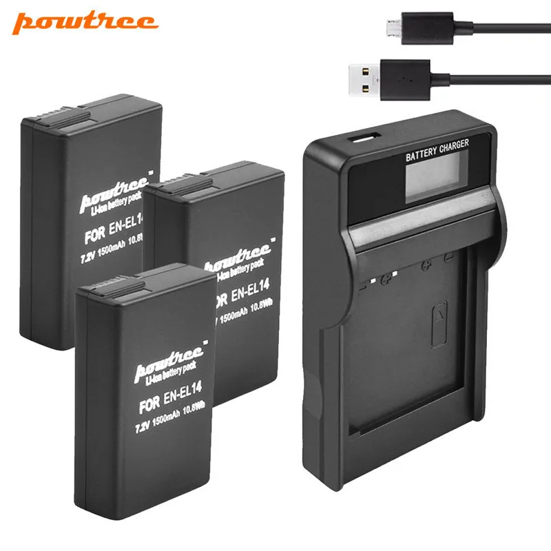 Powtree 1500mAh EN- EL14 EN-EL14a ENEL14 EN-EL14 Battery + LCD Charger for Nikon P7800,P7700,P7100,P7000,D5500,D5300,D5200,D3200