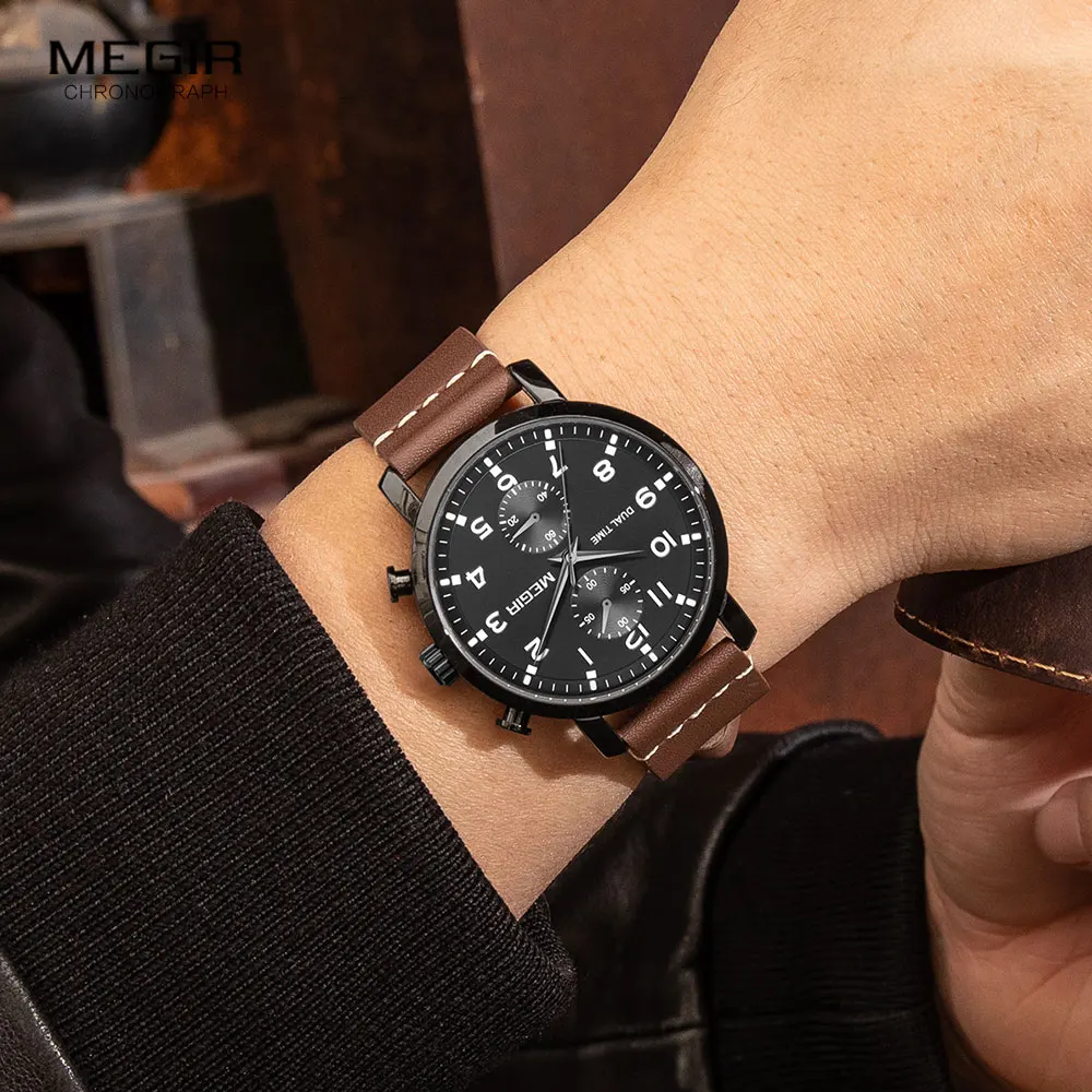 MEGIR Casual Sport Watches for Men Top Brand Luxury Military Leather Wrist Watch Man Clock Fashion Chronograph Wristwatch Brown