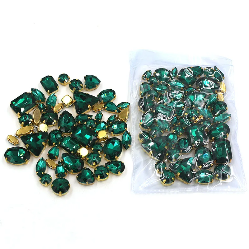 50pcs/bag high quality mixed shape Malachite Green glass crystal sew on gold claw rhinestones diy clothing accessories