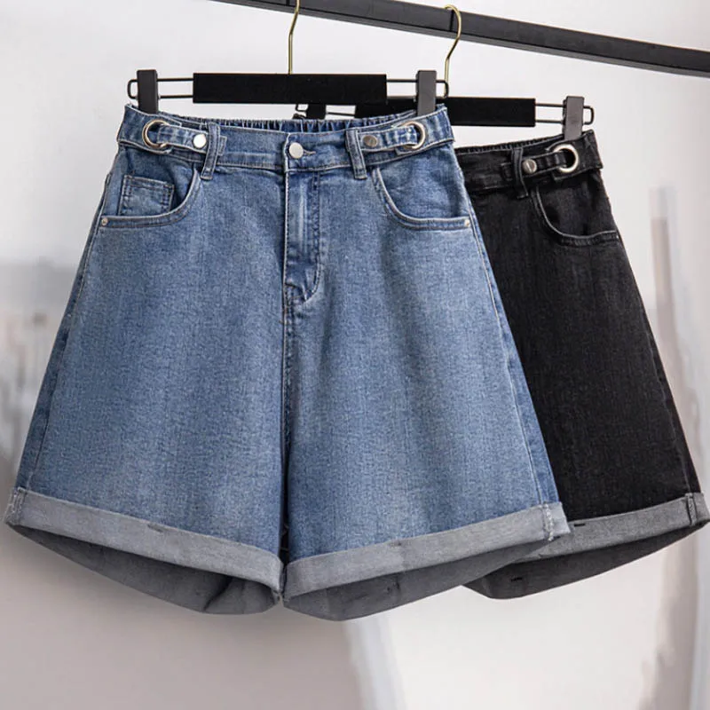 150Kg Plus Size damskie spodenki jeansowe wysokiej talii dorywczo luźna prosta szeroka nogawka Hip 150cm 5XL 6XL 7XL 8XL 9XL czarny niebieski