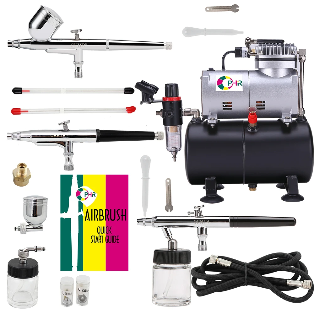 OPHIR Pro 3 Dual Action Airbrush Set with Air Tank Compressor for Model Hobby Temporary Tattoo Body Painting _AC090+004A+072+074