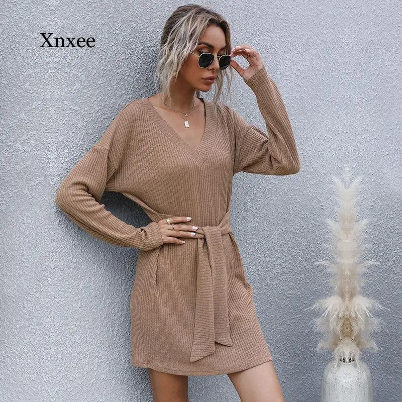 Fashion Knitted Bandage Dress Women Casual V Neck Full Sleeve Solid Color Autumn Winter Dress for Women New