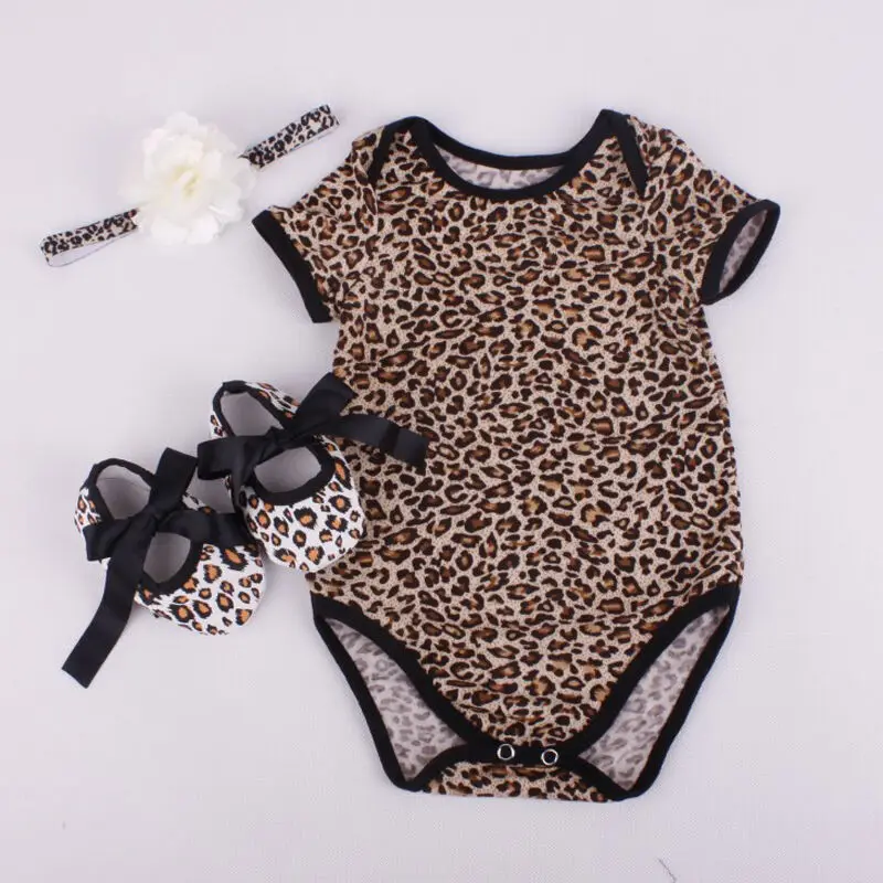 3PCS Set Newborn Infant Baby Boy Girl Clothes Leopard Floral Romper  +Headband +Shoes Outfits  Summer Short Sleeve 0-12m