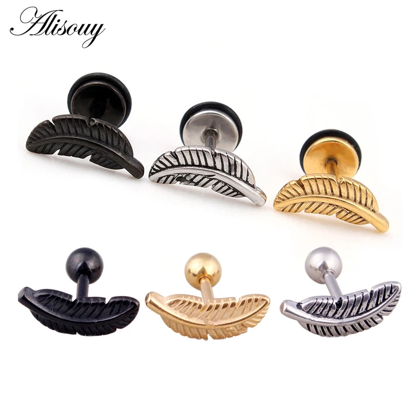 2pcs Stainless Steel Feather Barbell Ear Cartilage Helix Stud Bar Earring Piercing Jewelry Alisouy