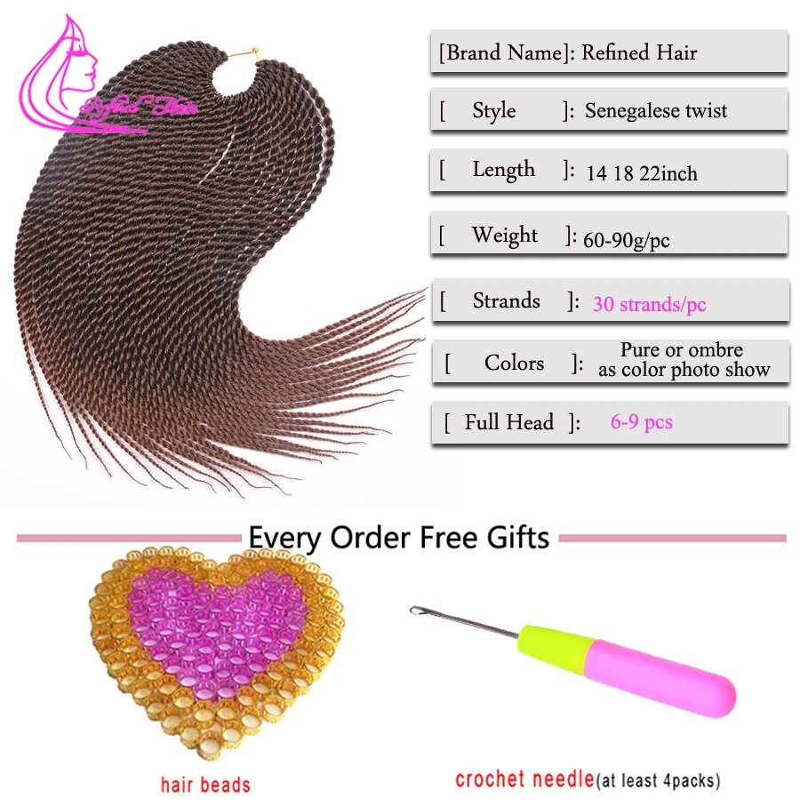 Cabello refinado sintético para mujer africana, trenzas pequeñas de ganchillo senegalés, trenza de 30 raíces/pc, extensiones de cabello trenzado