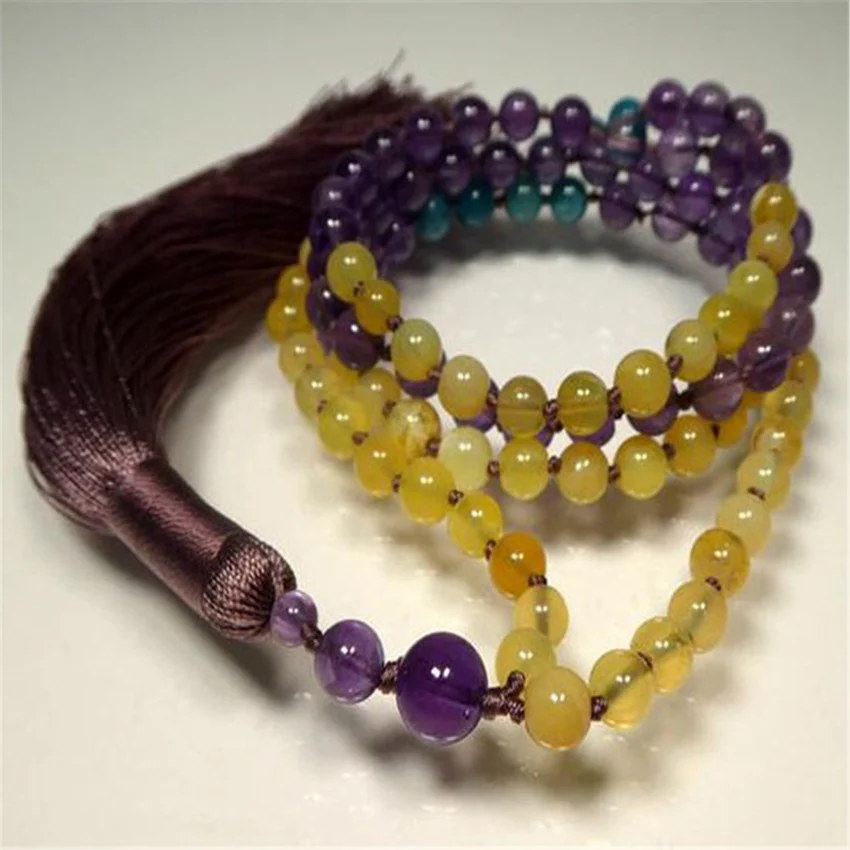 

6mm Natural Amethyst Gemstone 108 Beads Tassels Mala Necklace Handmade Cuff Healing Elegant Lucky Colorful Reiki Chic Wristband