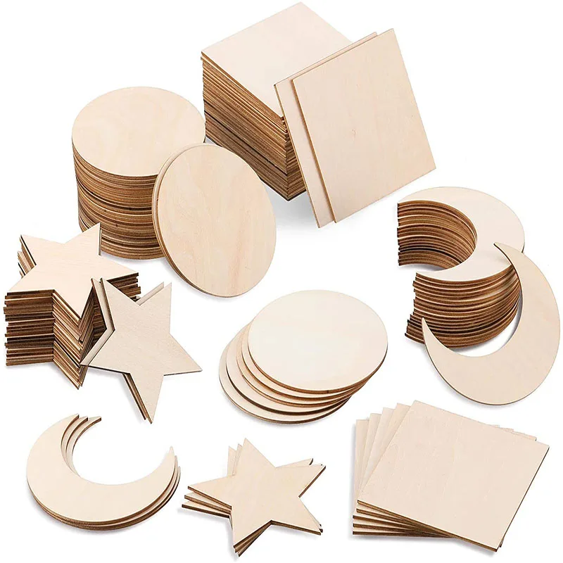 

10cm Unfinished Wood Pieces Blank Wooden Cutouts Square Circle Star and Moon Shape Wood Slices for DIY Art Crafts Decoration