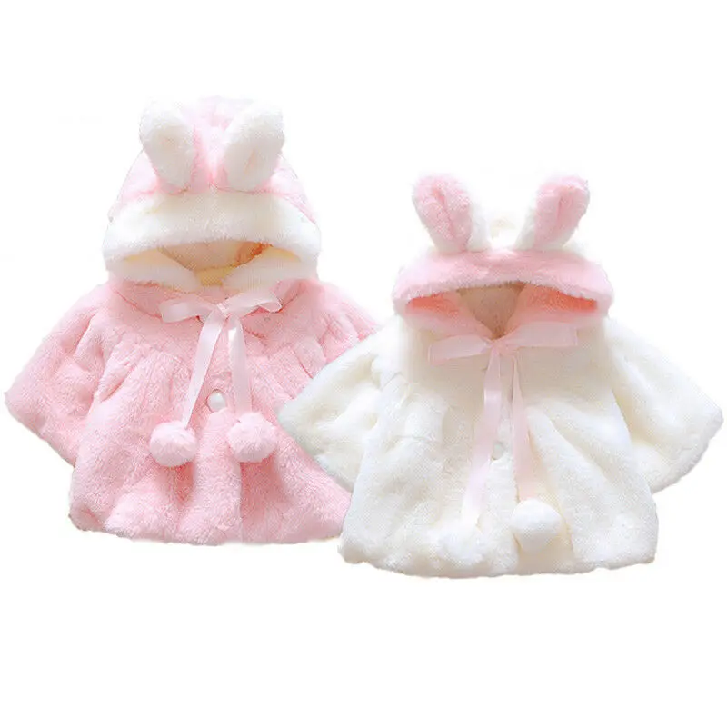 Winter Baby Girls Fur Warm Coat Newborn Cute Rabbit Ears Outerwear Cloak Jacket Kids Clothes