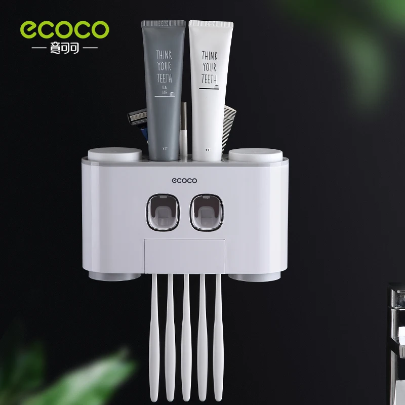 ECOCO Automatic Toothpaste Extrusion Bathroom Accessories Receptacle With 4 Cups Dustproof Toothbrush Holder Wall-Mounted