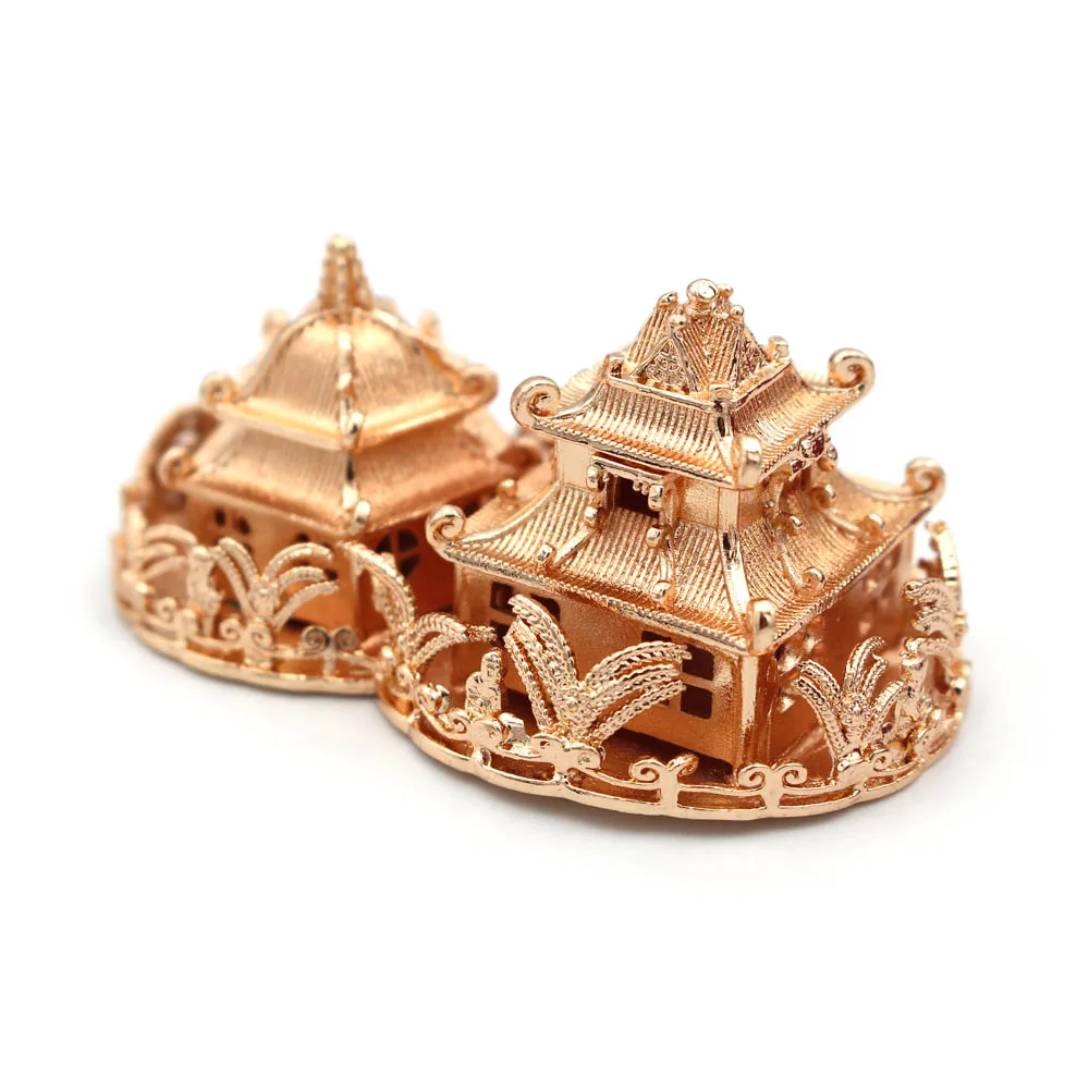 2pcs Brass Casted Ancient 3D Pavilions Palace Court Yard Display Decoration Quality Gold Silver Color DIY Jewelry Accessories