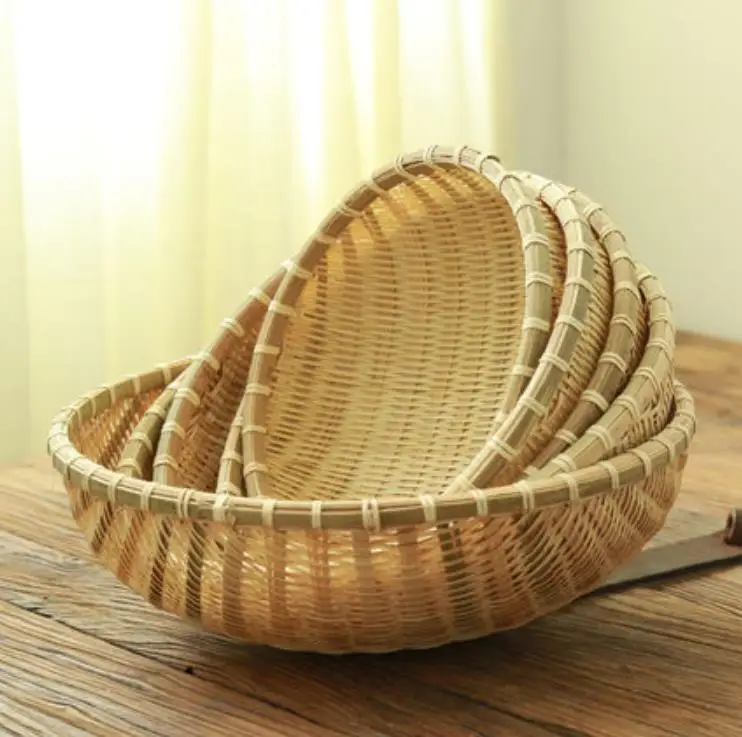 Bamboo Weaving Round Basket Sieve Farmhouse Handmade Storage Household Fruit Vegetable Basket