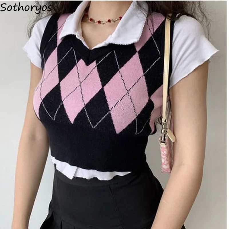 

Sweater Vest V-neck Argyle Tops Chic Preppy Style Knitted Students Harajuku Vintage Streetwear Slim Leisure Fashion Women Autumn