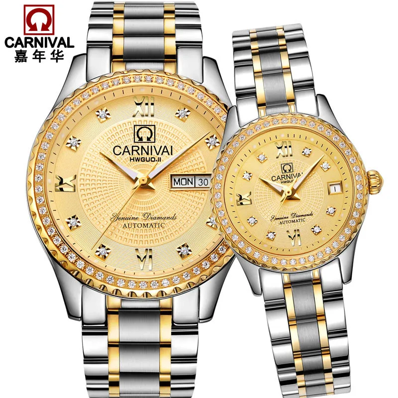 Best Couple Gift CARNIVAL Luxury Couple Watch Automatic Mechanical Watch For Lovers Sapphire Calendar Waterproof Luminous Reloj