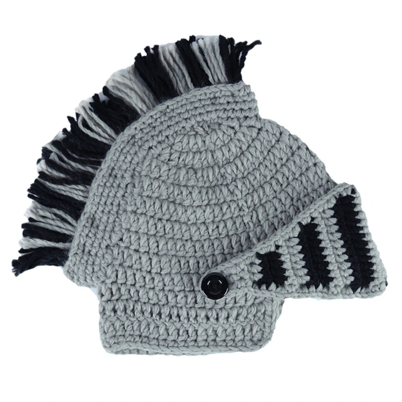 Unisex Funny Chunky Knit Roman Knight Helmet Hat Contrast Color Tassel Barbarian Earflap Beanie Skull Cap with Face Mask