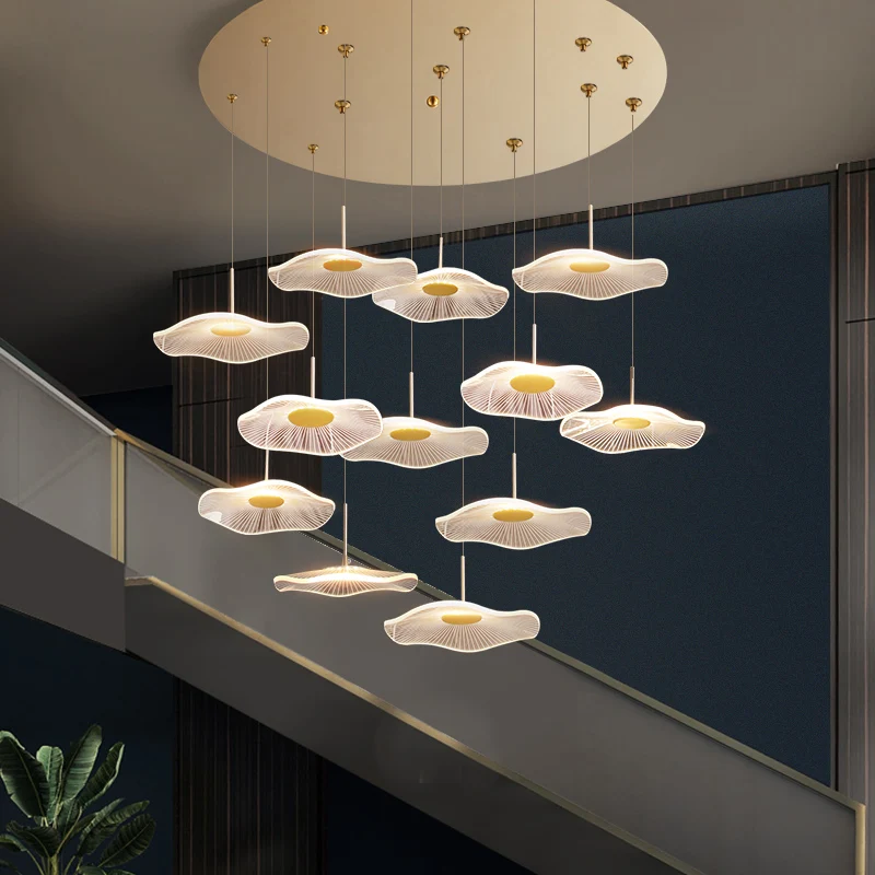 

Pendant Lights Chinese Style Lotus Leaf Tea Art Spiral Staircase Chandelier LOFT Duplex Villa Hotel Living Room Light Fixture