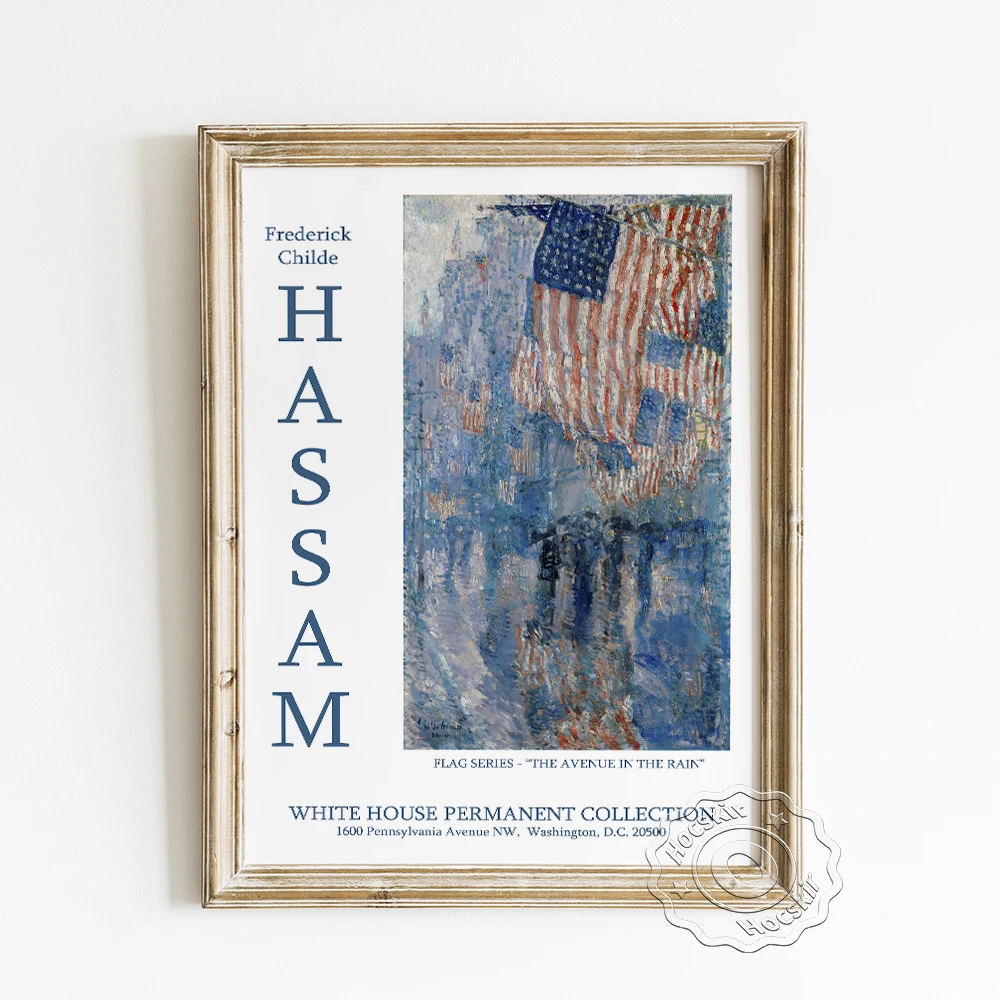 

Childe Hassam Exhibition Museum Prints Poster, The Avenue In The Rain Canvas Painting, American Flag Street Landscape Home Decor