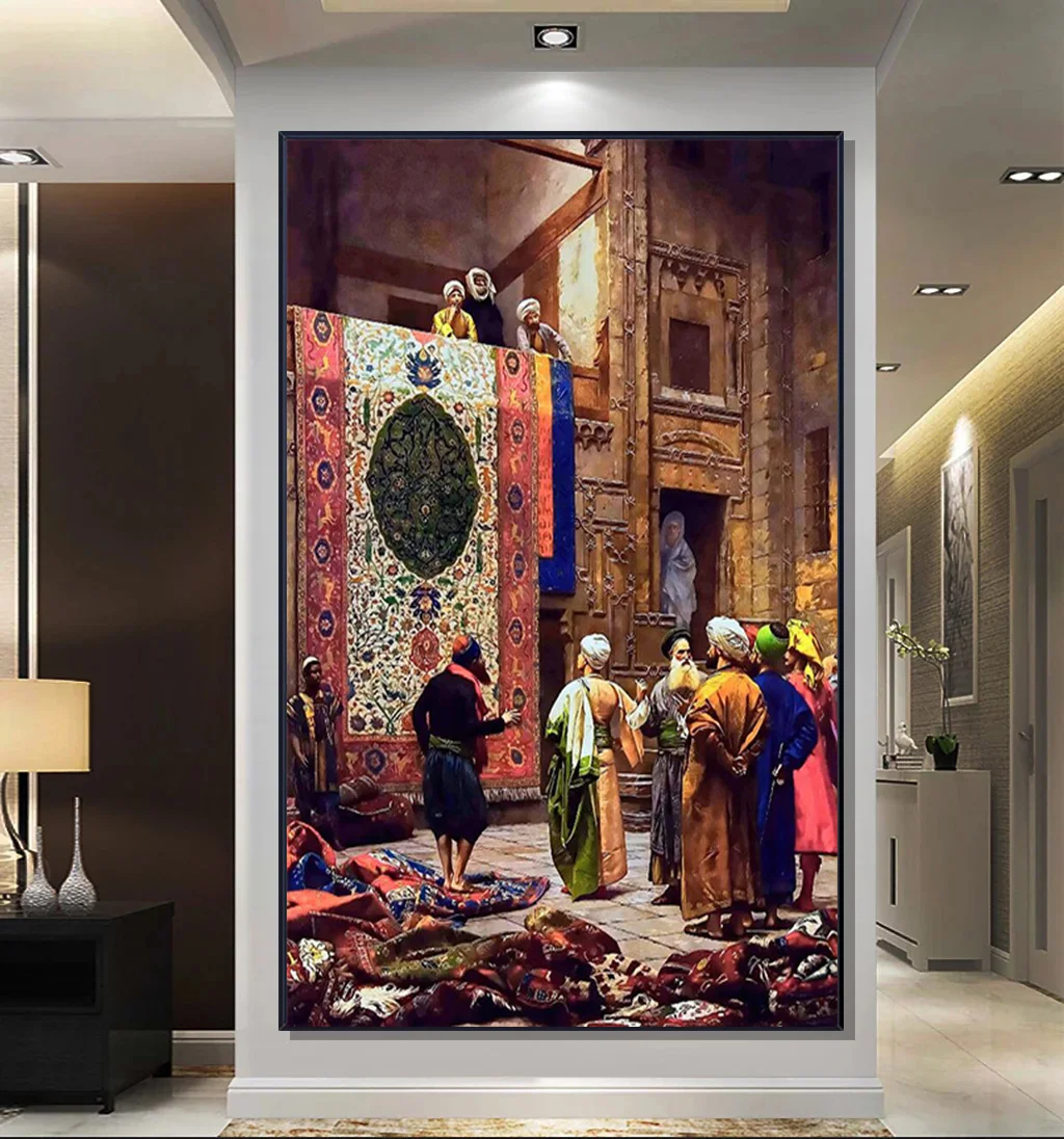 Gerome Famous Artwork Arab Carpet Merchant Oil Painting Print on Canvas Poster Porch Wall Art Picture Living Room Decor Cuadros