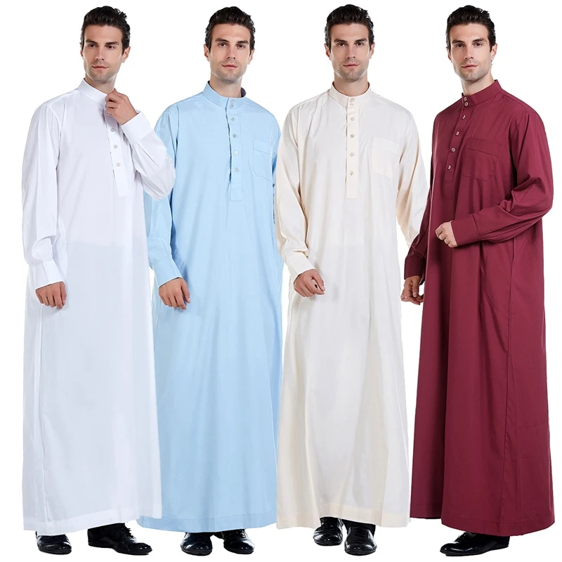 

Men Qatar Muslim Moroccan Islamic Style Black Cotton Linen Long-Sleeved Stand-Up Collar Plus Size Arabian Robe Men Worship Robe