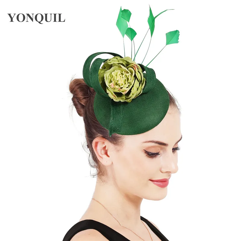 

Green Fascinator With Flower Accessories Women Elegant Imitation Linen Hair Accessories With Headbands Female Headwear Chic Hat