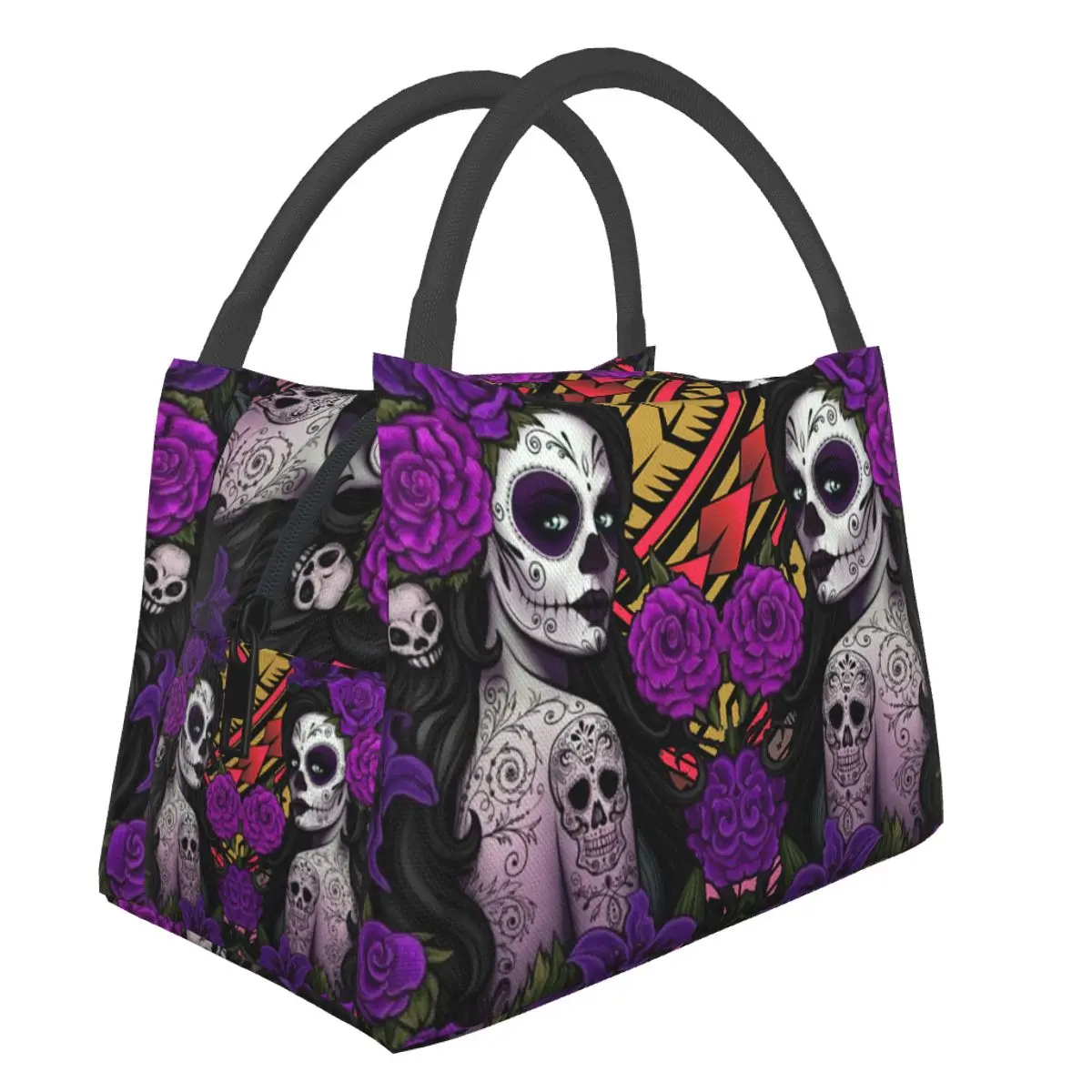 Gothic Girls Skull Lunch Bag Canvas Lunch Box Polynesian Tribal Skull Print Picnic Tote Cloth Handbag Container Food Storage Bag