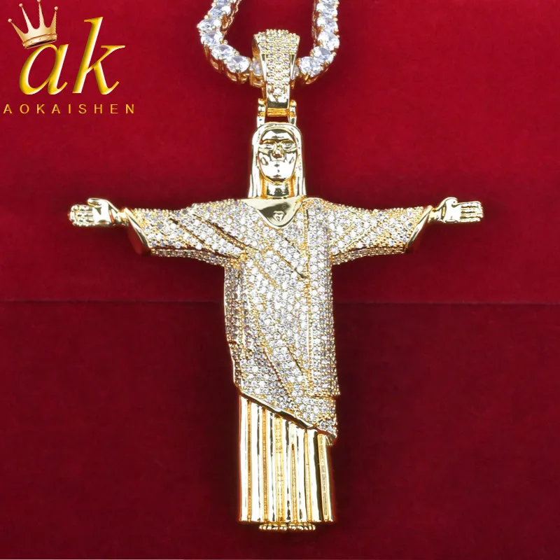 Saint Jesus Cross Necklace Gold Color Pendan Solid Back Hip Hop Rock Street Jewelry