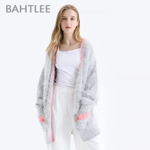 BAHTLEE-여성 니트 가디건, 포켓이 있는 스웨터, 울 앙고라 코트, 긴팔, V넥, 패치워크, 겨울
