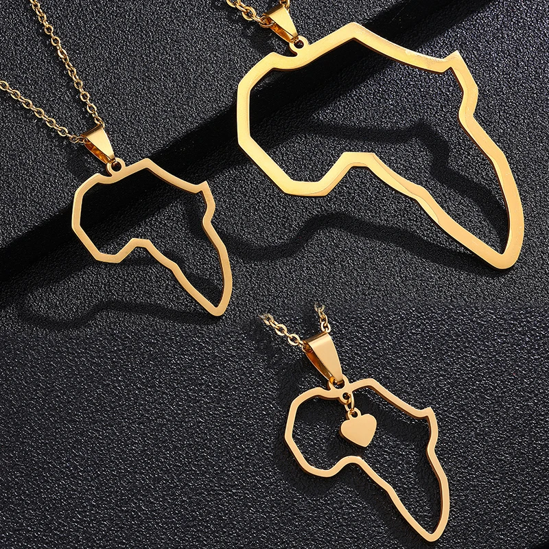 Hip Hop Africa Profile Map Pendant Necklaces Stainless steel Gold Color Outline African Maps Jewelry for Men&Women Gifts