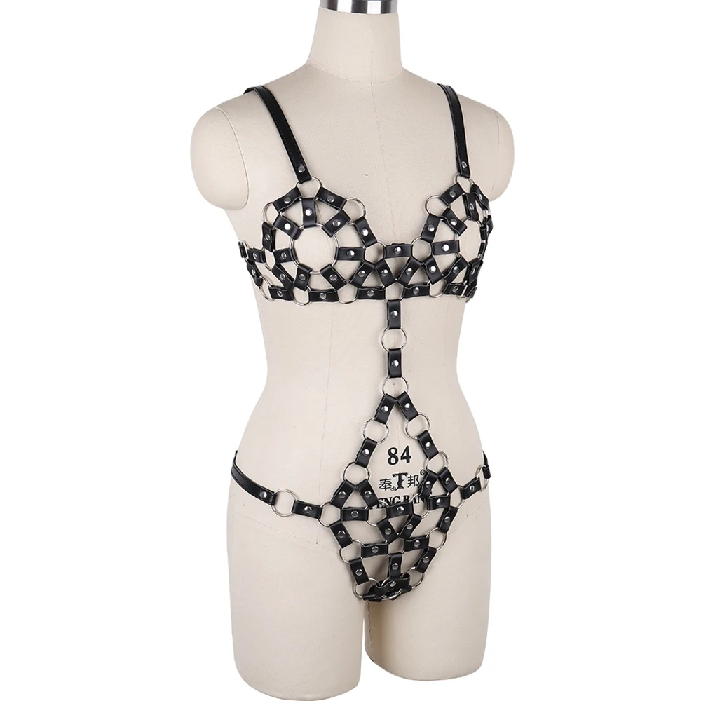 Ensemble de Lingerie Sexy pour femmes, hauts en cuir Punk, chaîne en métal, harnais de Style gothique, ceinture, taille, bretelles, Costume de pôle danse