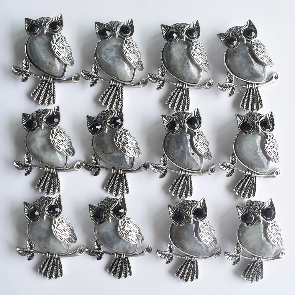 

New Fashion Vintage copper Plated Owl Natural ShimmerStone pendants for jewelry making wholesale 8pcs/lot free shipping