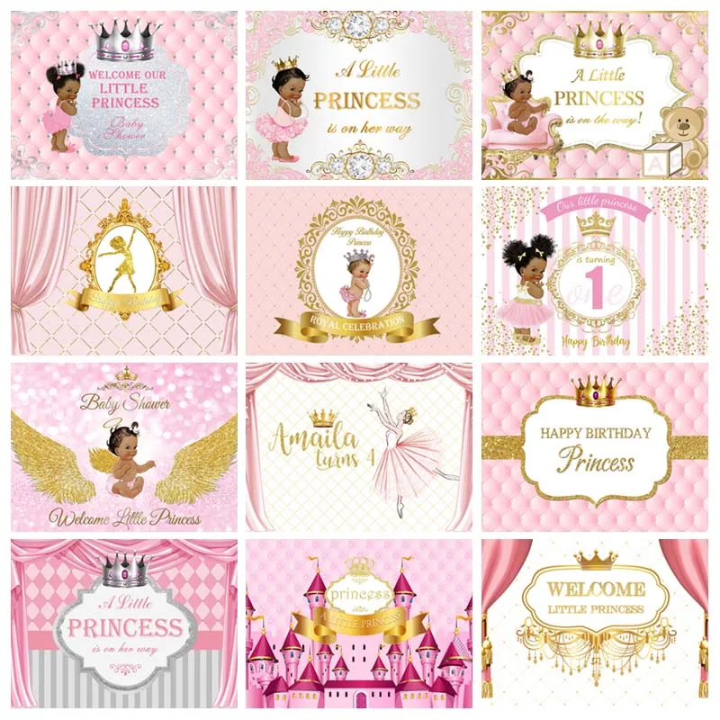 Pink Princess Birthday Poster Photography Backdrops Gold Crown Diamond Curtain Girl Party Customize Photo Background Photophone