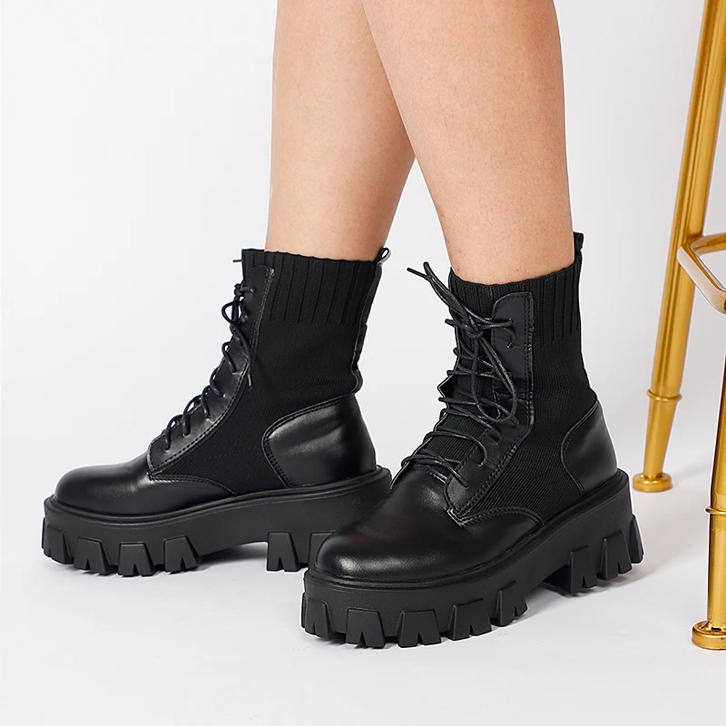 Woman Boots Casual Lace Up Gothic Combat Ankle Boot Woman Shoes Army Black Sock Platform Pu Leather Women Fashion Botas Mujer