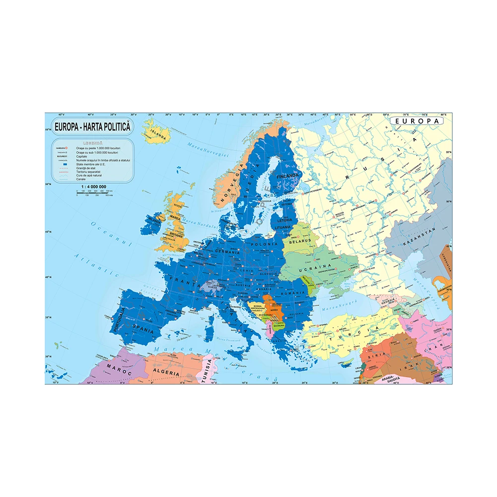 59x42cm płótno mapa Europy w rumuńskim dekoracyjna mapa Europy plakaty dekoracja barowa naklejka ścienna pokój artykuły biurowe do domu