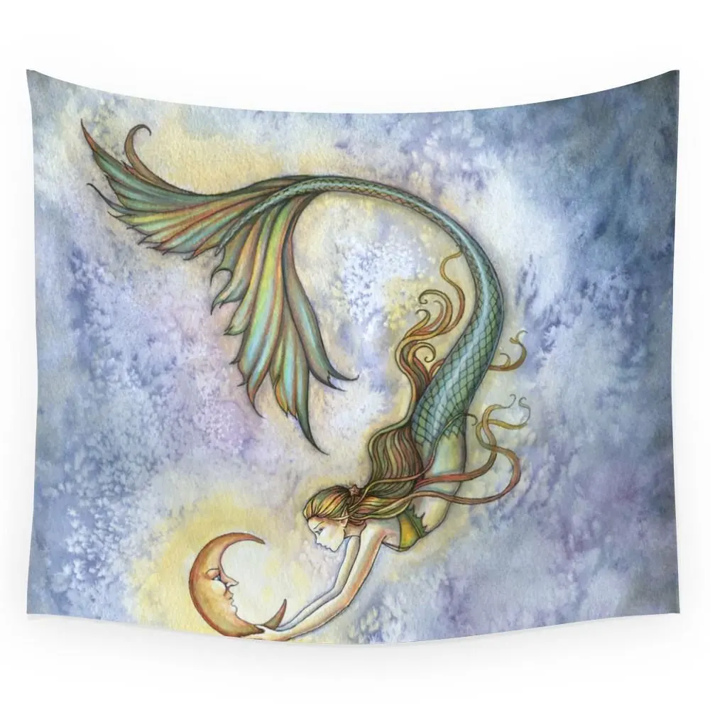 Deep Sea Moon Fantasy Mermaid Art Illustration By Molly Harrison Tapestry Wall Hanging Throw Bedspread Living Room Dorm Decor