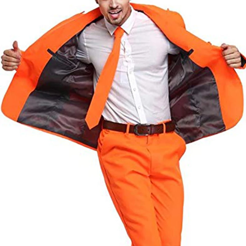 Orange Two Buttons Mens Party Suit Solid Color Leisure Suit for Holiday Party Two Pieces Suit Jacket with Tie & Pants