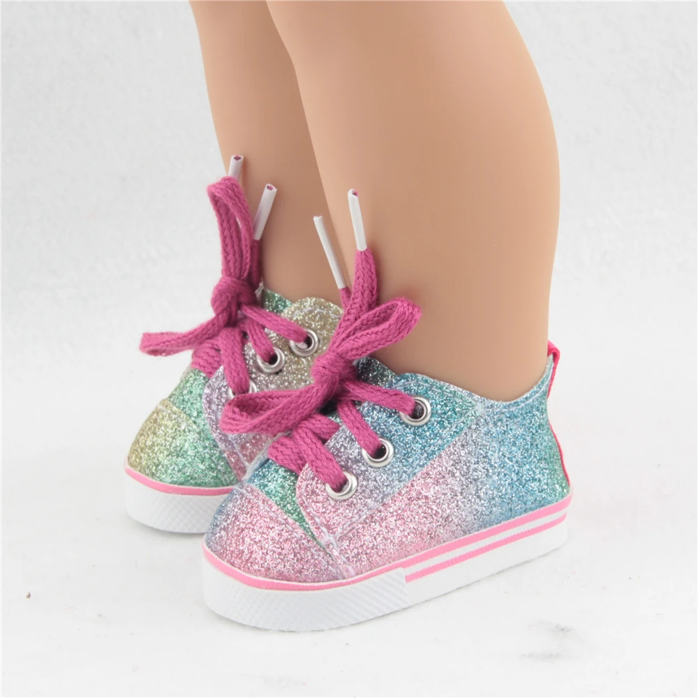 

Mini 7cm Baby Rainbow Glitter Sneakers Shoes for Dolls fits 43 cm Toy New Born Dolls Accessories and American doll