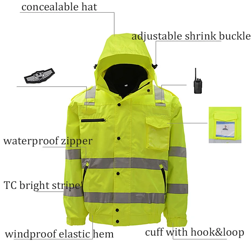 Reflective Jacket Waterproof Hi Vis Workwear Zipper Front High Visibility Clothing Safety Jackets for Outdoor Work Men