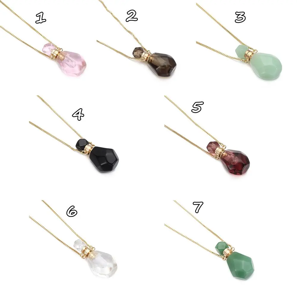 Perfume Bottle Pendant Necklace Crystal Essential Oil Diffuser Vial Jewelry Gift Natural Pink Amethysts Quartz Tiger Eye Stone