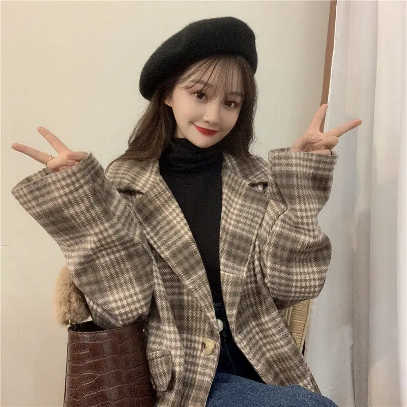 Blazers Women Autumn-winter Loose Medium-long Notched Vintage Plaid Outwear Coats Female Elegant Simple All-match Trendy Ulzzang