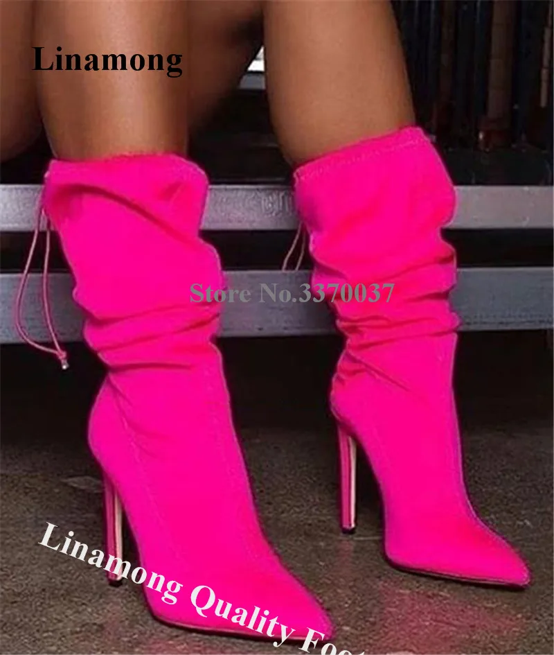 

Linamong Shining Pointed Toe Stiletto Heel Mid-cald Gladiator Boots Light Pink Top Elastic Bands Long High Heel Boots Club Shoe