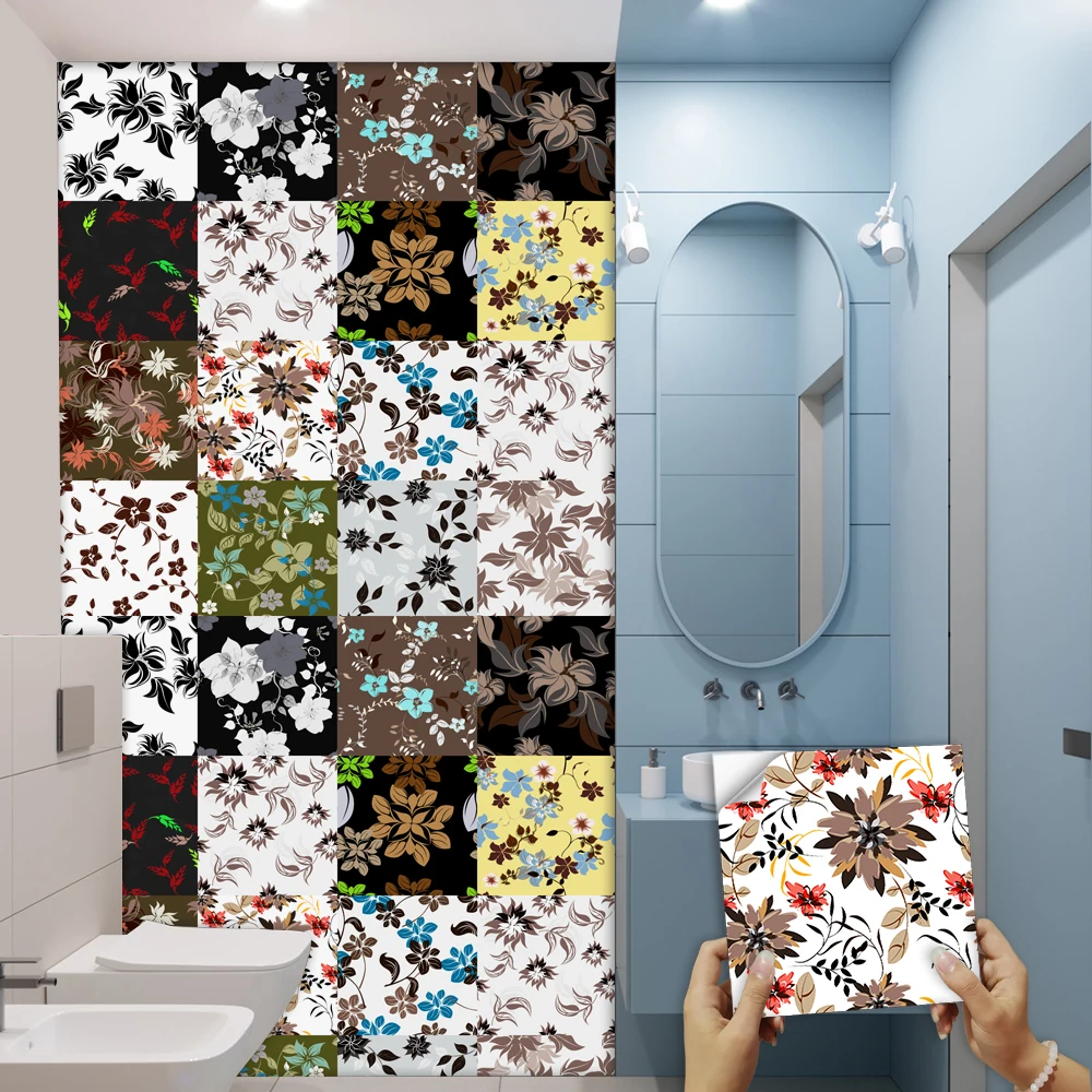 16pcs Flowers Pattern Tiles Wall Sticker Kitchen Backsplash Wardrobe Bathroom Home Decor Waterproof Self-adhesive Art Wall Decal
