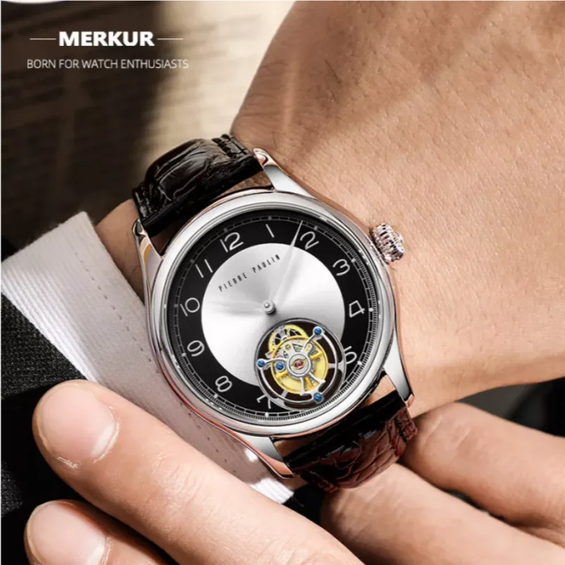 Vintage Style Flying Tourbillon MERKUR Genuine Mechanical Skeleton Mens Watch Complicated Luxury Alligator Strap Relogio