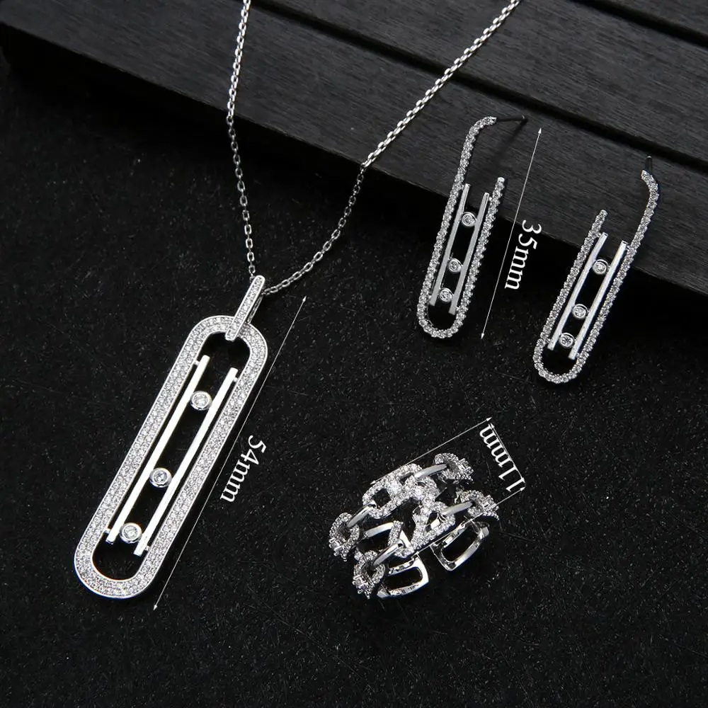 Luxury Geometry Link Stackable Pendant Necklace Earring ring set Beautiful Full Cubic Zircon Charm Women  Jewelry Gift e9361