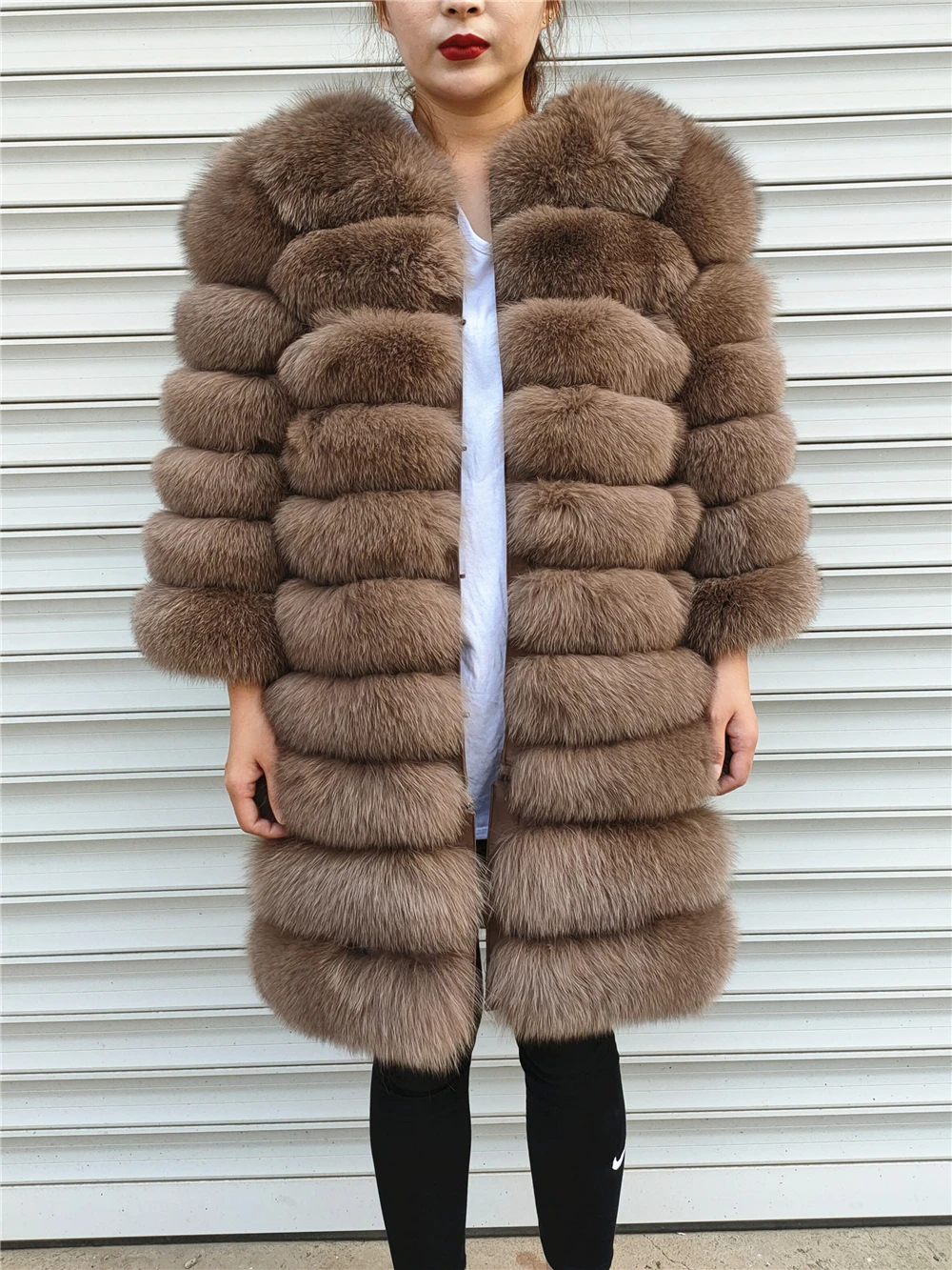 Real Fox Fur Long Jacket for Women, Cropped Coat with Zipper, Detachable Sleeves, Genuine Natural Fox Fur, Plus Size, Winter