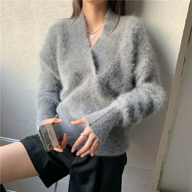 JSXDHK High Senior Luxury Mink Cashmere Women V Neck Pullovers Elegant Winter Mohair Knitted Thick Soft White Loose Sweaters