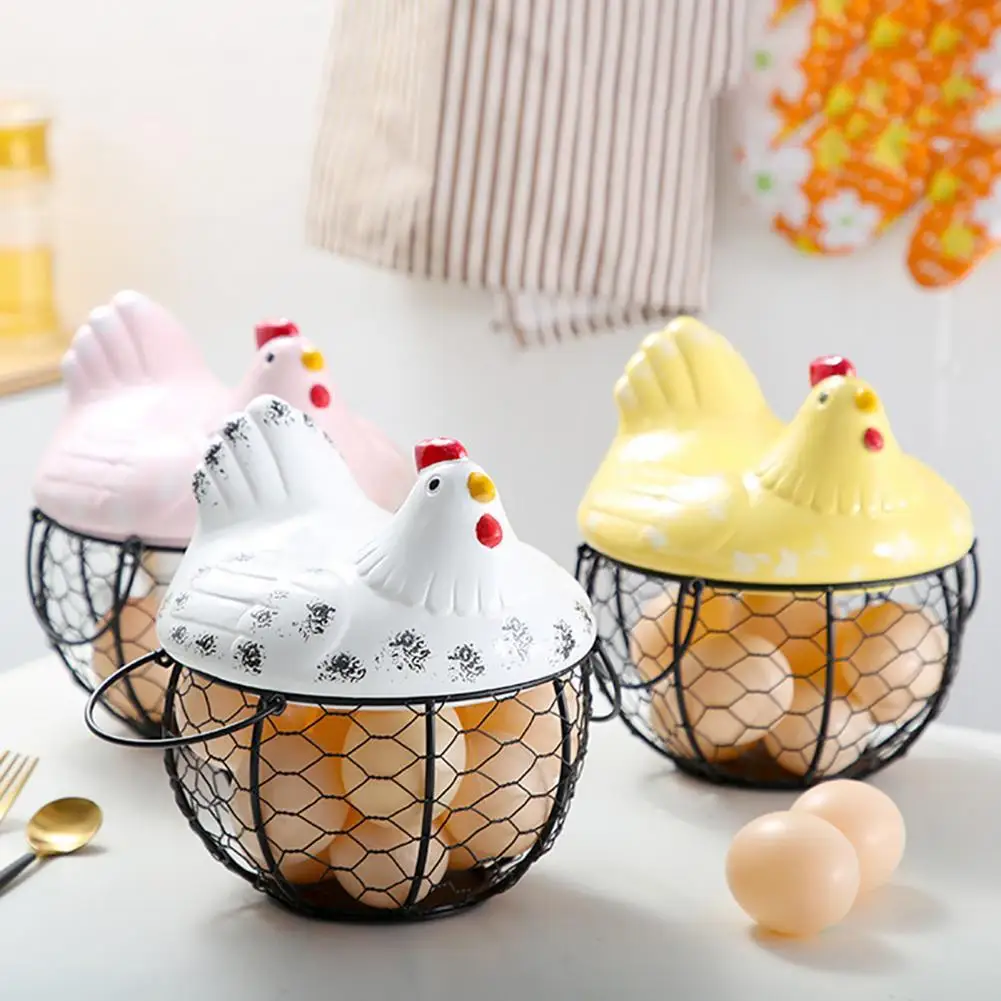 Chicken Shape Decoration Iron Anti-slip Eggs Holder Basket Organizer Storage Fruit Container Kitchen Hen Decor Basket Ceramic