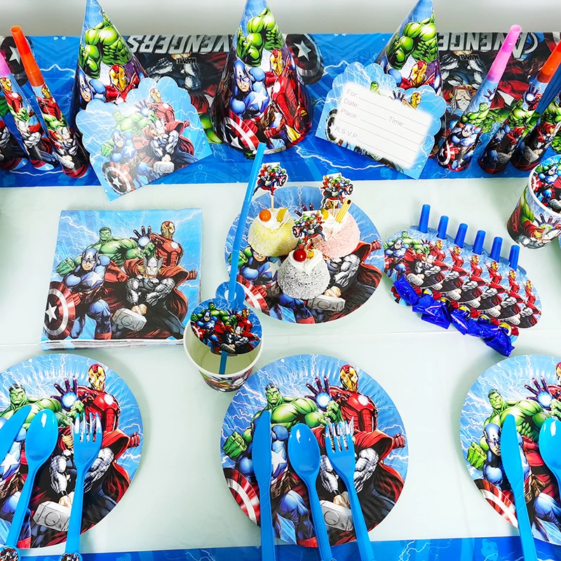 Avengers SuperHero Party Supplies Decorations Kids Birthday Disposable Tableware Tablecloth Superhero Party Theme Favors Boy Set