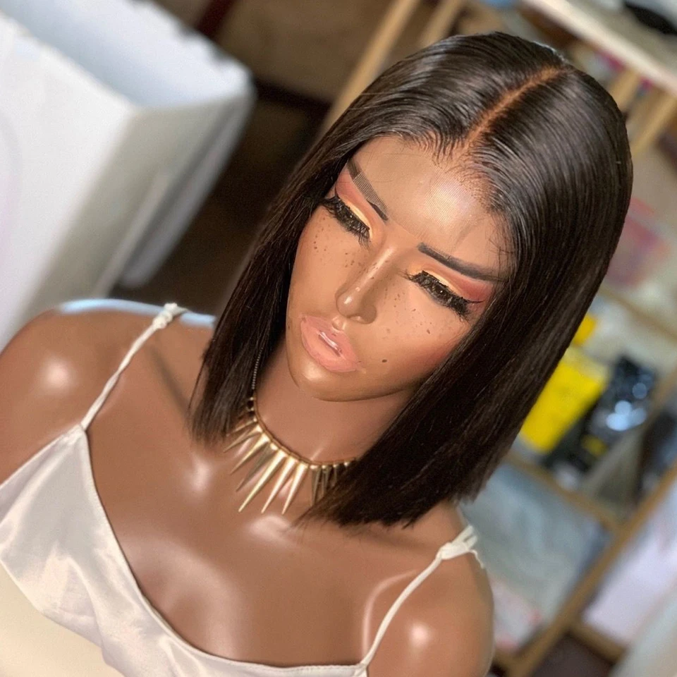 

Jet Black Middle Part Lace Frontal Wig Human Remy Hair Glueless Preplucked Short BOB Silky Straight Lace Wig For Women