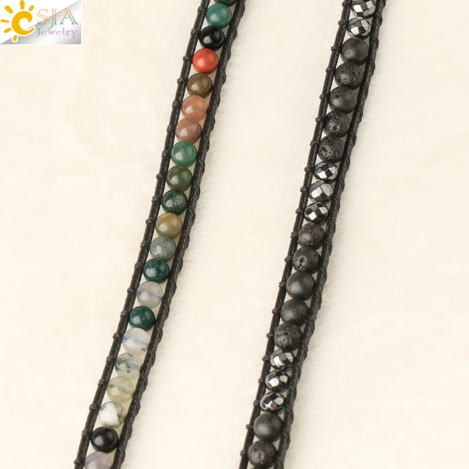 CSJA Multilayer Wrap Bracelets Natural Gem Stone Lava Onyx Beads 2 Strands Leather Bracelet Homme Boho Braided Jewelry S614