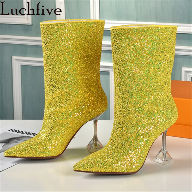 

Bling Bling Sexy Sequins Ankle Boots Woman Pointy toe Goblet high heel Designer Boots Autumn Brand Fashion Week Boots botas muje